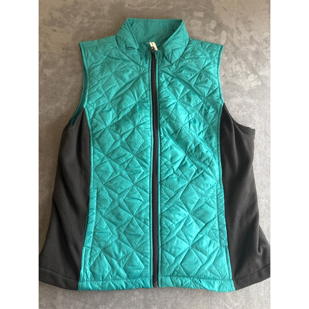 Exertek Quilted Puffer Vest Teal Green Black Stretchy Trim Large Full Zip